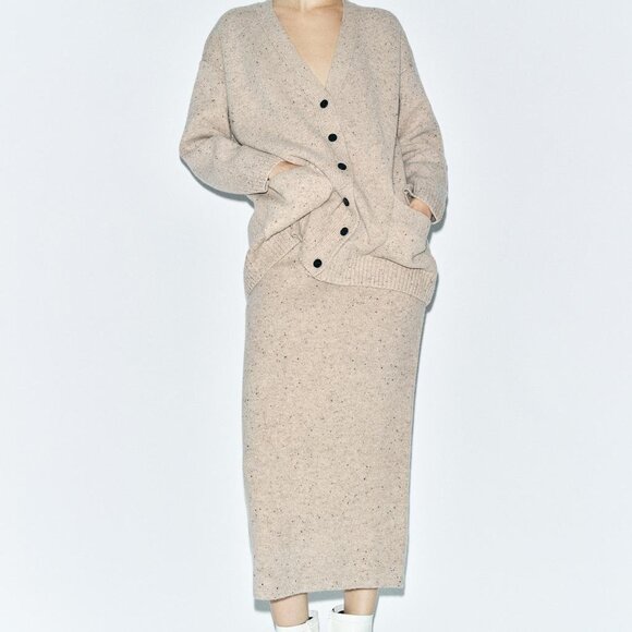 Zara 100% Wool Beige Ribbed Midi Skirt XL | High-Waisted, Sustainable Winter NWT - Picture 1 of 10